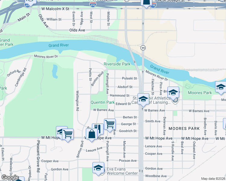 map of restaurants, bars, coffee shops, grocery stores, and more near 1510 Park Avenue in Lansing
