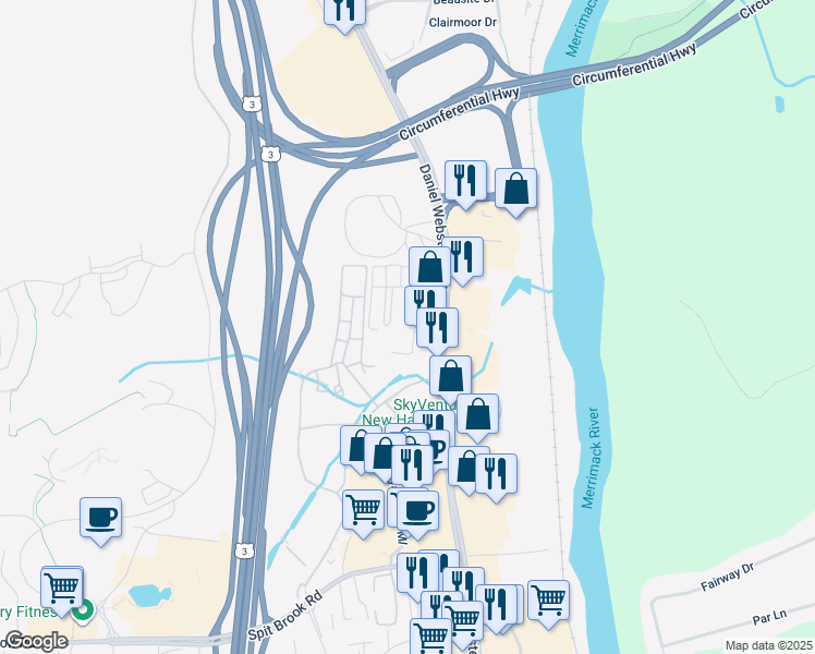 map of restaurants, bars, coffee shops, grocery stores, and more near 197 Daniel Webster Highway in Nashua