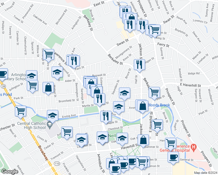map of restaurants, bars, coffee shops, grocery stores, and more near 13 Monmouth Street in Lawrence