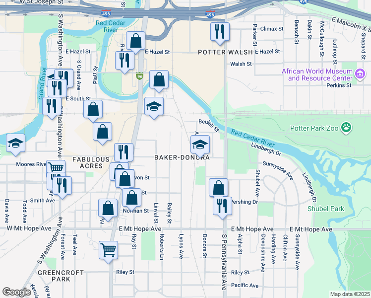 map of restaurants, bars, coffee shops, grocery stores, and more near 1435 Lyons Avenue in Lansing
