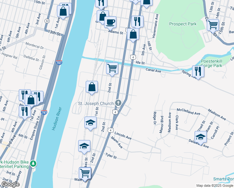 map of restaurants, bars, coffee shops, grocery stores, and more near 389 3rd Street in Troy