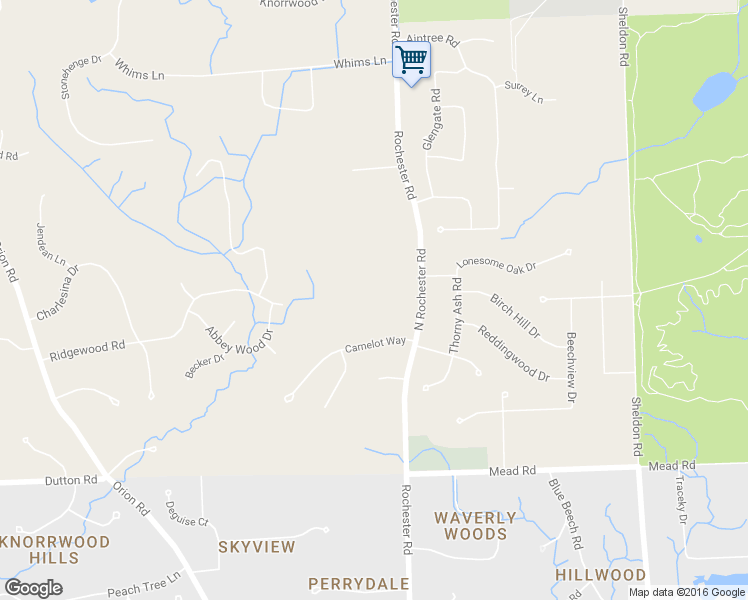 map of restaurants, bars, coffee shops, grocery stores, and more near 100 Camelot Way in Rochester
