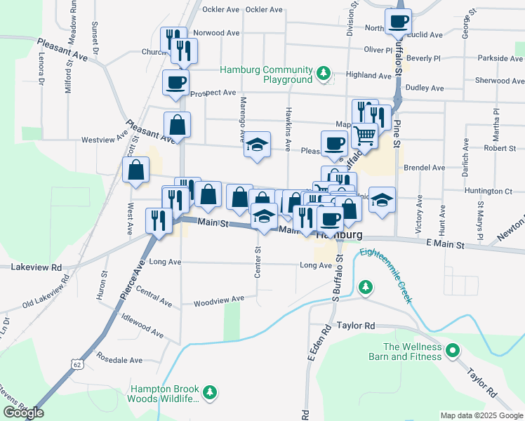 map of restaurants, bars, coffee shops, grocery stores, and more near 36 Center Street in Hamburg