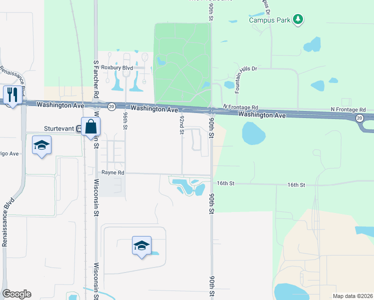 map of restaurants, bars, coffee shops, grocery stores, and more near 1517 92nd Street in Sturtevant