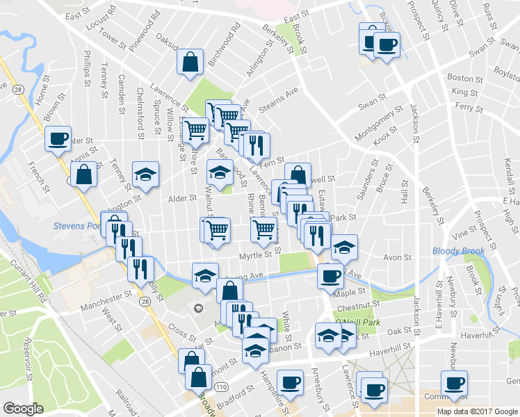 map of restaurants, bars, coffee shops, grocery stores, and more near 52 Bennington Street in Lawrence