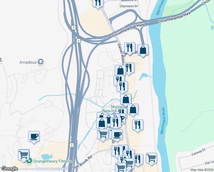map of restaurants, bars, coffee shops, grocery stores, and more near 61 Bluestone Drive in Nashua