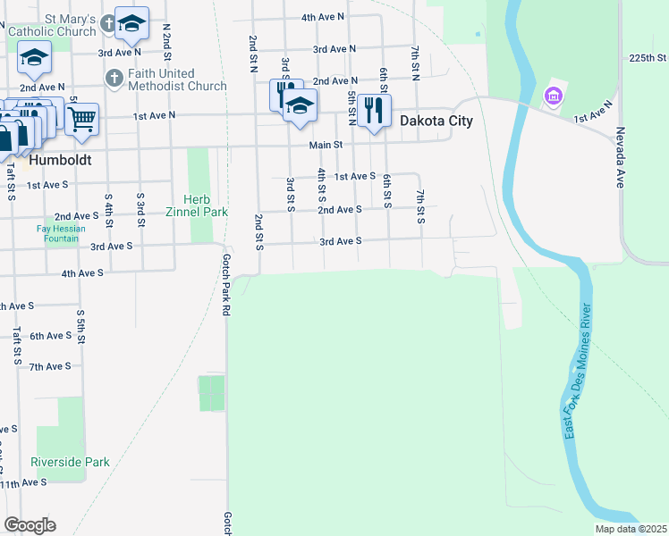 map of restaurants, bars, coffee shops, grocery stores, and more near 398 5th Street South in Dakota City