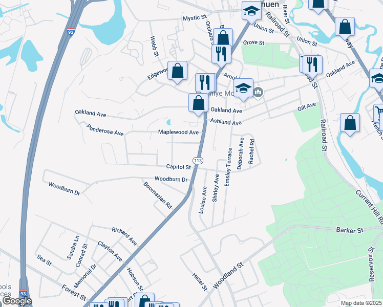 map of restaurants, bars, coffee shops, grocery stores, and more near 193A Lowell Street in Methuen