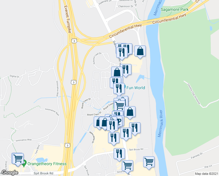 map of restaurants, bars, coffee shops, grocery stores, and more near 61 Bluestone Drive in Nashua