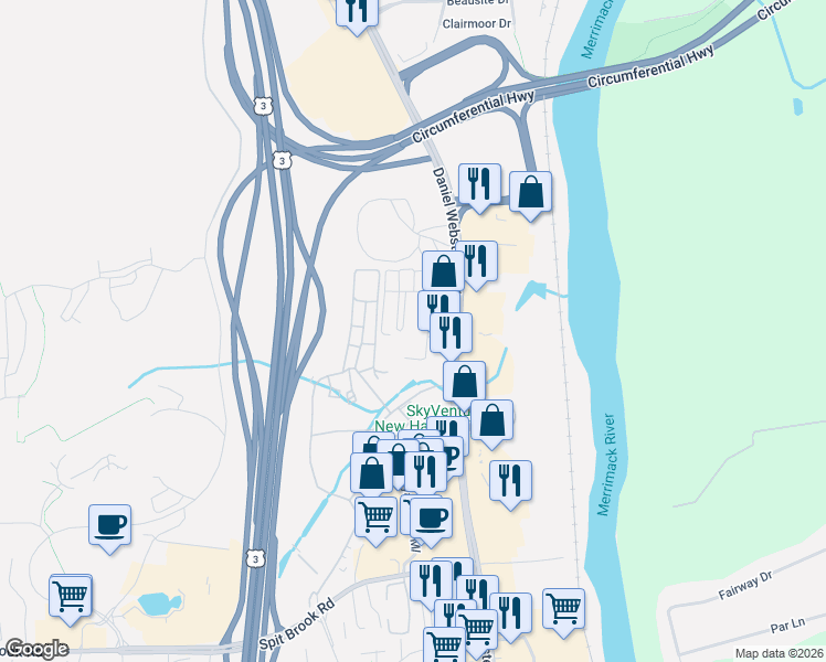 map of restaurants, bars, coffee shops, grocery stores, and more near 61 Bluestone Drive in Nashua