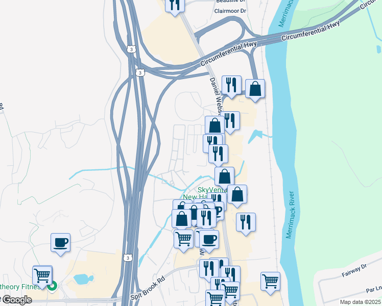 map of restaurants, bars, coffee shops, grocery stores, and more near 61 Bluestone Drive in Nashua
