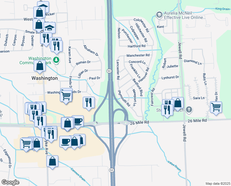 map of restaurants, bars, coffee shops, grocery stores, and more near 57114 Plymouth Road in Washington