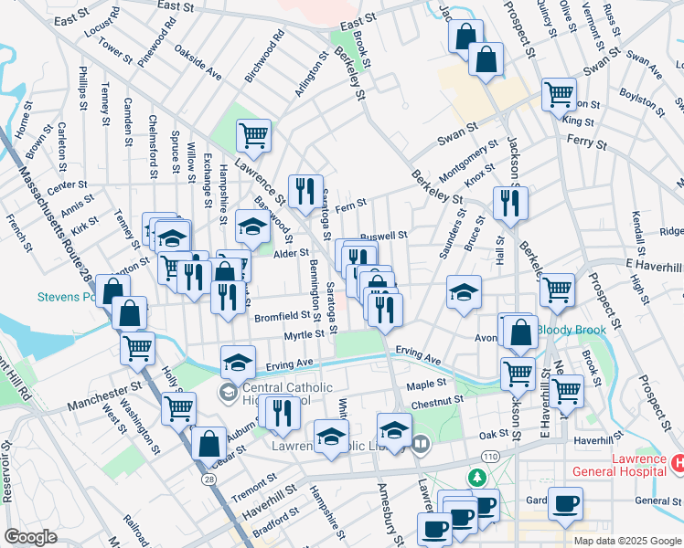 map of restaurants, bars, coffee shops, grocery stores, and more near 201 Lawrence Street in Lawrence