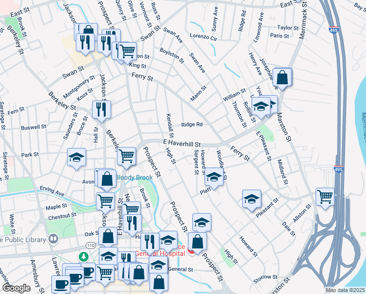 map of restaurants, bars, coffee shops, grocery stores, and more near 143 East Haverhill Street in Lawrence