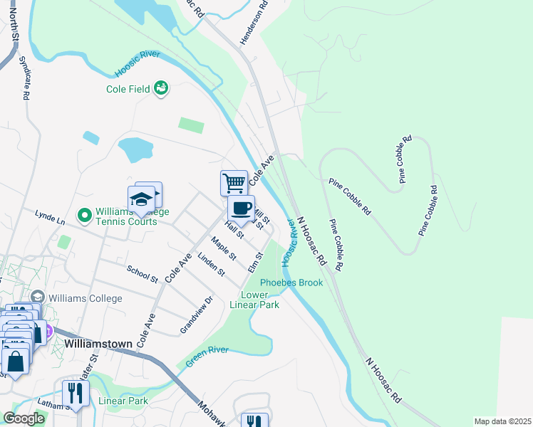 map of restaurants, bars, coffee shops, grocery stores, and more near 46 Mill Street in Williamstown