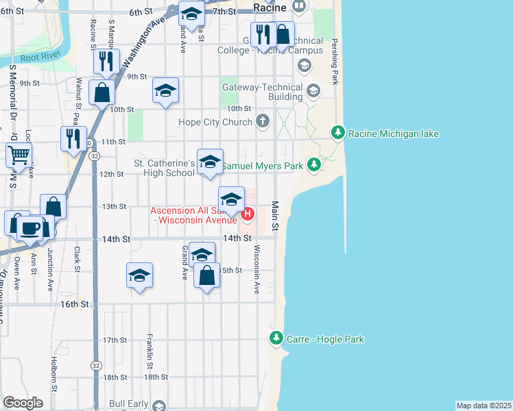 map of restaurants, bars, coffee shops, grocery stores, and more near Wisconsin Avenue in Racine