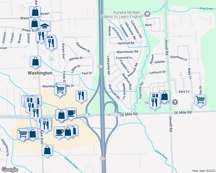 map of restaurants, bars, coffee shops, grocery stores, and more near 57140 Plymouth Road in Washington
