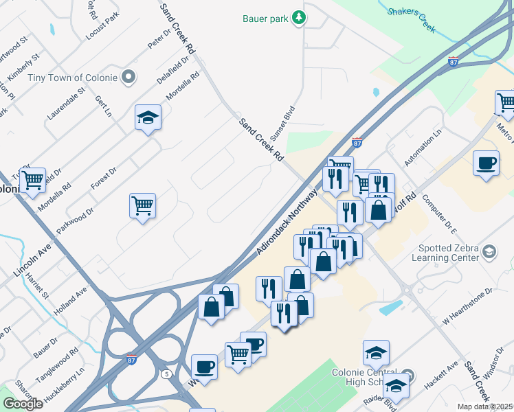 map of restaurants, bars, coffee shops, grocery stores, and more near 7 Jodiro Lane in Colonie