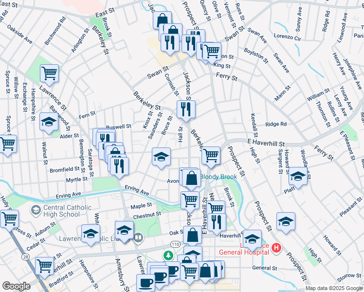 map of restaurants, bars, coffee shops, grocery stores, and more near 17 Park Street in Lawrence