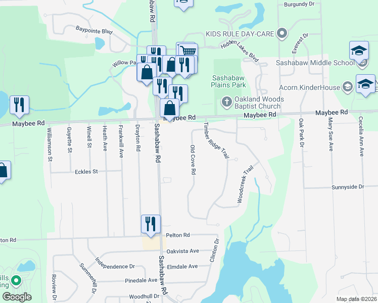 map of restaurants, bars, coffee shops, grocery stores, and more near 5212 Old Cove Road in Clarkston