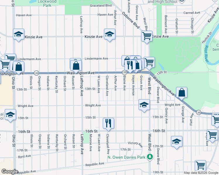 map of restaurants, bars, coffee shops, grocery stores, and more near 3520 13th Street in Racine