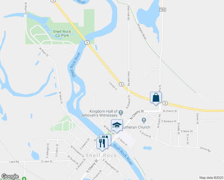 map of restaurants, bars, coffee shops, grocery stores, and more near 1024 Triangle Drive in Shell Rock