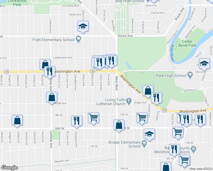 map of restaurants, bars, coffee shops, grocery stores, and more near 1254 Grove Avenue in Racine