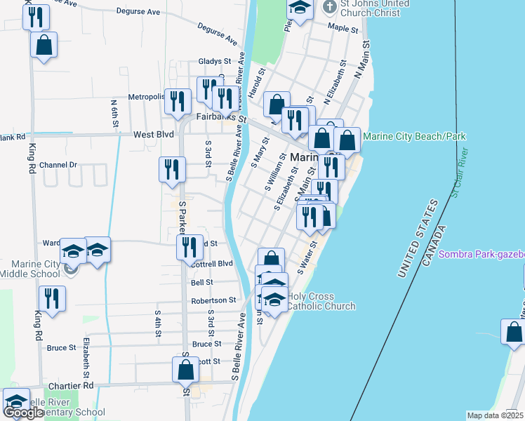 map of restaurants, bars, coffee shops, grocery stores, and more near 337 South William Street in Marine City