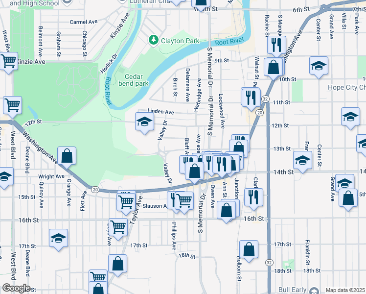 map of restaurants, bars, coffee shops, grocery stores, and more near 1244 Bluff Ave in Racine