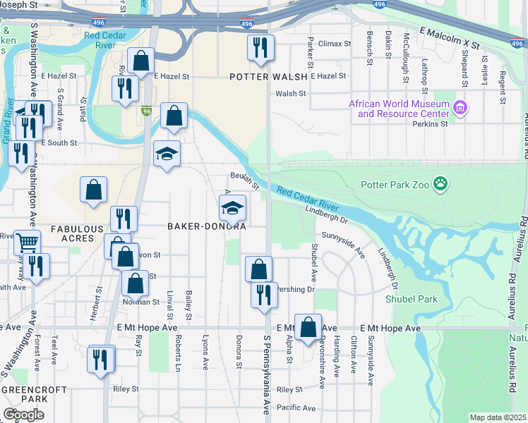 map of restaurants, bars, coffee shops, grocery stores, and more near 1424 South Pennsylvania Avenue in Lansing