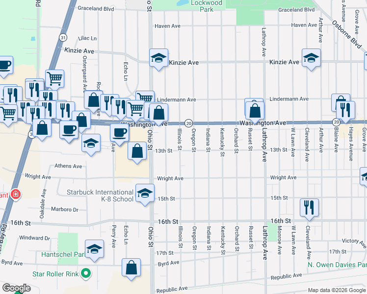 map of restaurants, bars, coffee shops, grocery stores, and more near 1254 Oregon Street in Racine