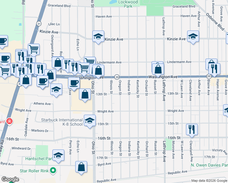 map of restaurants, bars, coffee shops, grocery stores, and more near 1254 Oregon Street in Racine
