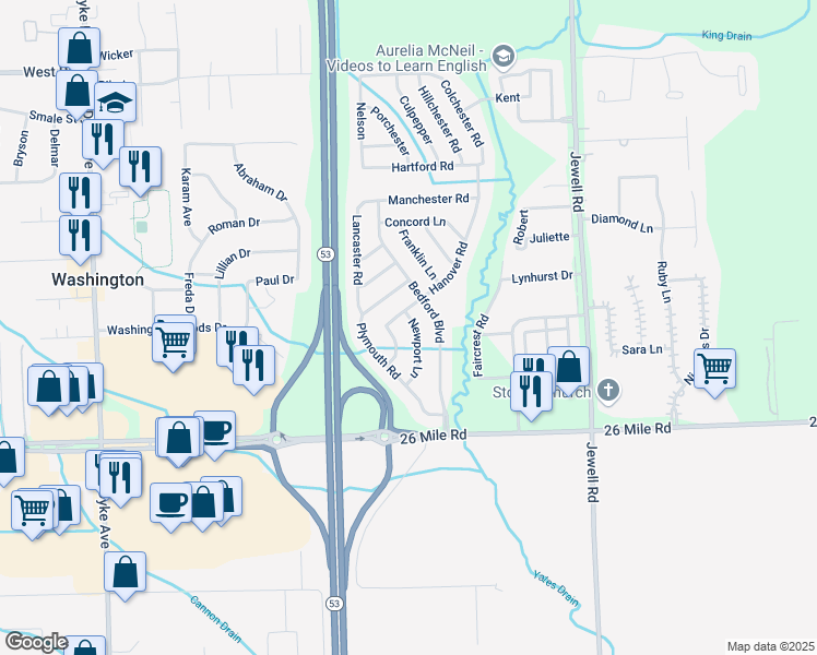 map of restaurants, bars, coffee shops, grocery stores, and more near 57425 Newport Lane in Washington