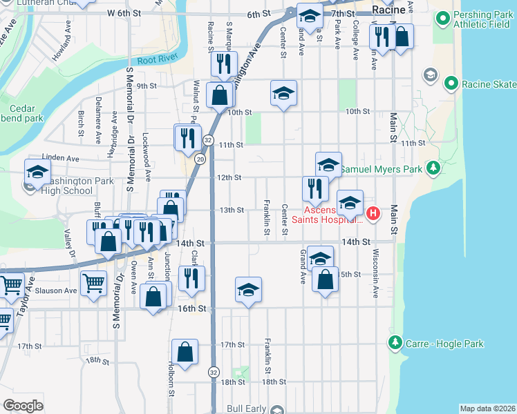 map of restaurants, bars, coffee shops, grocery stores, and more near 1243 Schiller Street in Racine