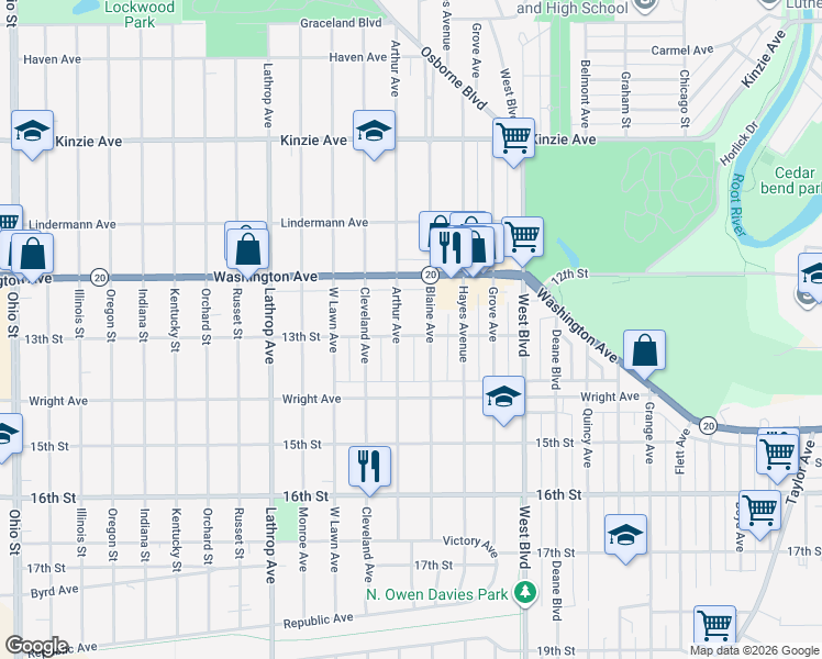 map of restaurants, bars, coffee shops, grocery stores, and more near 3412 13th Street in Racine