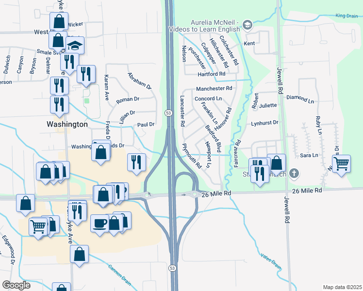 map of restaurants, bars, coffee shops, grocery stores, and more near 57140 Plymouth Road in Washington