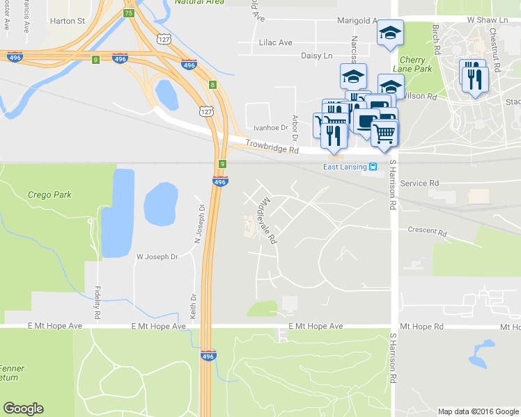 map of restaurants, bars, coffee shops, grocery stores, and more near 1552 Middlevale Road in East Lansing