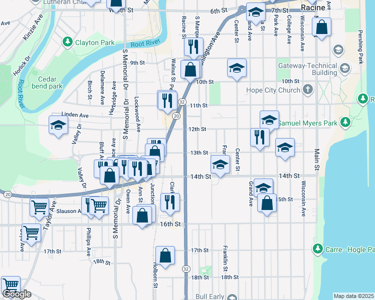 map of restaurants, bars, coffee shops, grocery stores, and more near 1120 13th Street in Racine