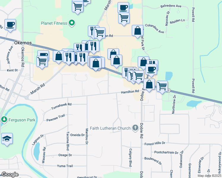 map of restaurants, bars, coffee shops, grocery stores, and more near 1804 Hamilton Road in Meridian charter Township