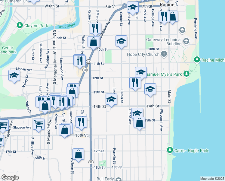 map of restaurants, bars, coffee shops, grocery stores, and more near 1244 Franklin Street in Racine