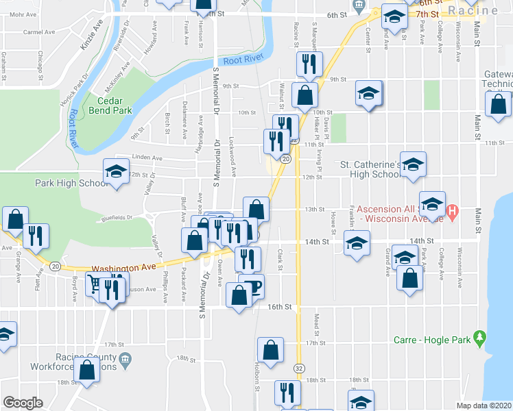 map of restaurants, bars, coffee shops, grocery stores, and more near 1330 13th Street in Racine