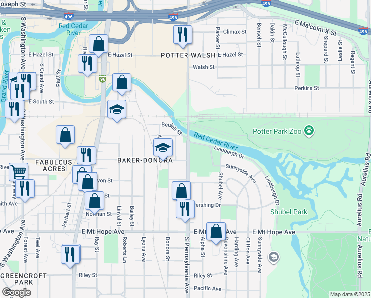 map of restaurants, bars, coffee shops, grocery stores, and more near 1424 South Pennsylvania Avenue in Lansing