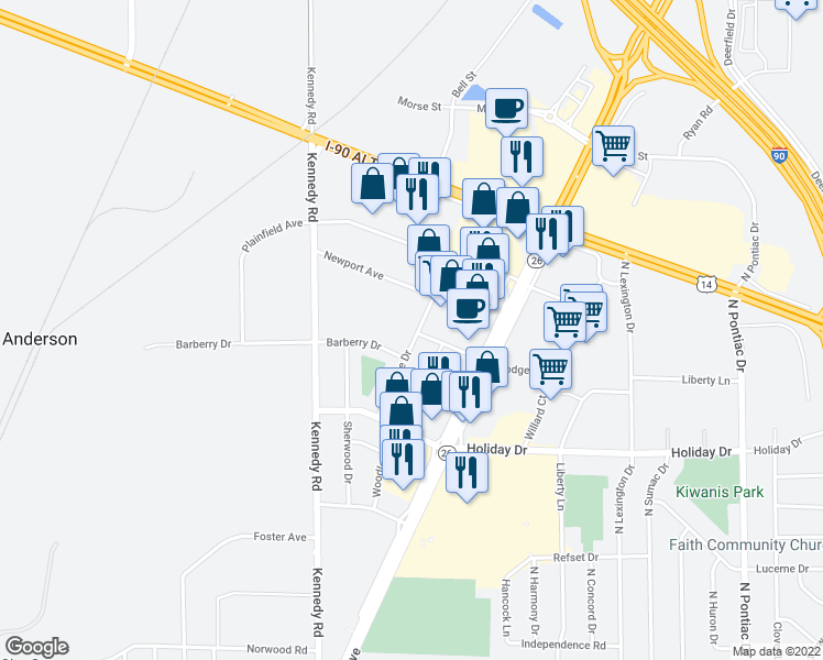 map of restaurants, bars, coffee shops, grocery stores, and more near 2901 Woodlane Drive in Janesville