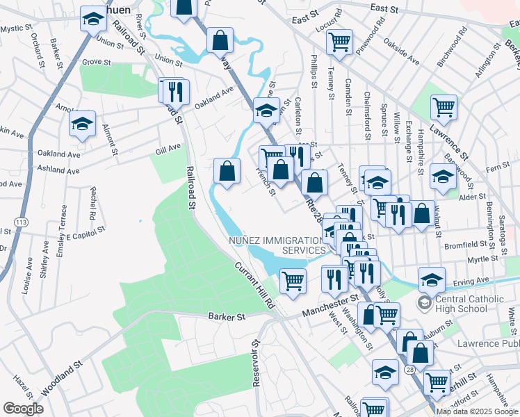 map of restaurants, bars, coffee shops, grocery stores, and more near 46 Stafford Street in Lawrence