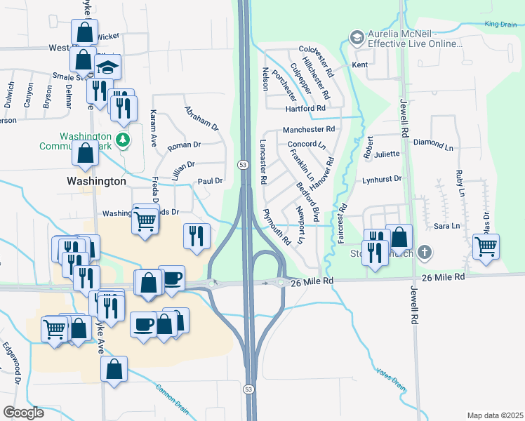 map of restaurants, bars, coffee shops, grocery stores, and more near 57179 Plymouth Road in Washington