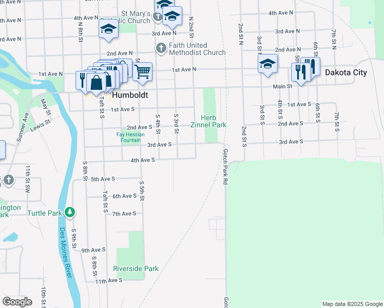 map of restaurants, bars, coffee shops, grocery stores, and more near 201 4th Avenue South in Humboldt