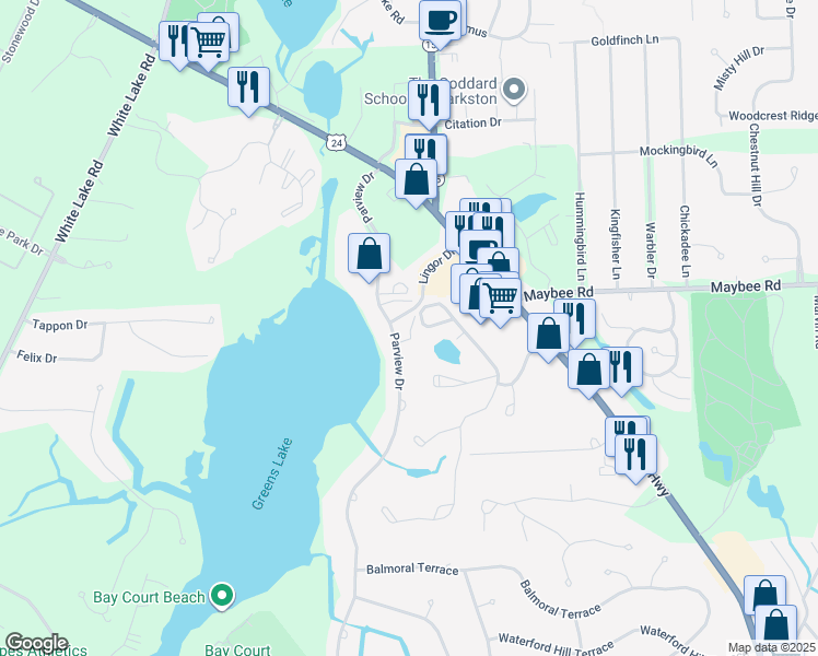 map of restaurants, bars, coffee shops, grocery stores, and more near 5396 Parview Drive in Clarkston