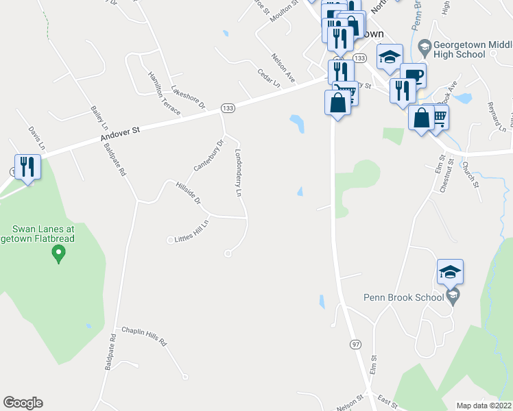 map of restaurants, bars, coffee shops, grocery stores, and more near 12 Londonderry Lane in Georgetown