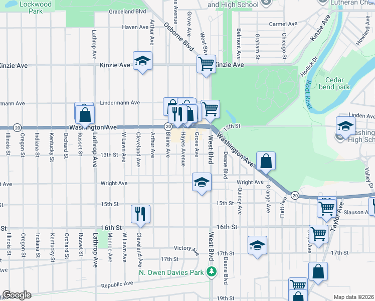 map of restaurants, bars, coffee shops, grocery stores, and more near 1254 Grove Avenue in Racine