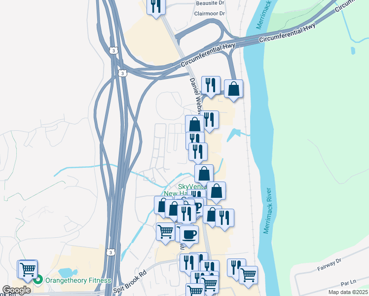 map of restaurants, bars, coffee shops, grocery stores, and more near 8 Louisburg Square in Nashua